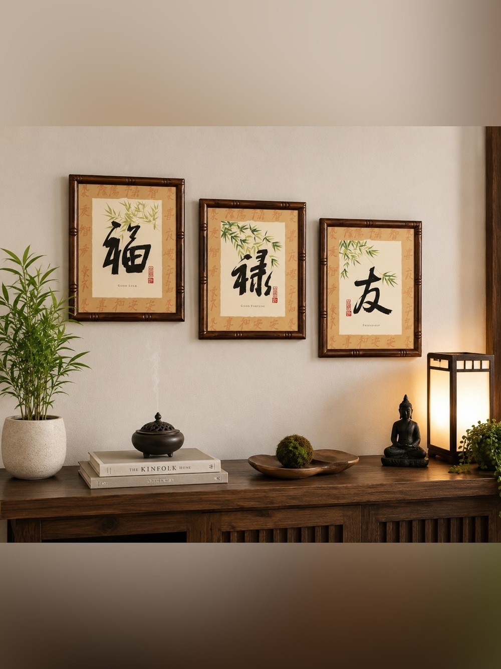 Asian Calligraphy Wall Art Set of 3 Framed Prints | Good Fortune Friendship